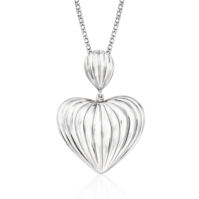 Sterling silver heart pendant necklace with puffed ribbed heart centerpiece