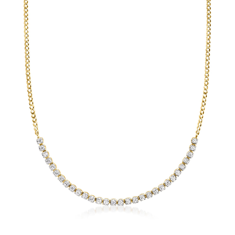 14kt yellow gold diamond tennis necklace with round stones, full row on chain.