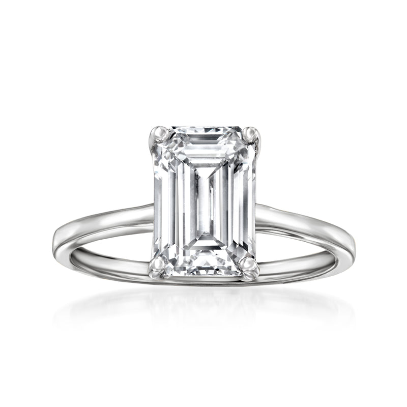 14kt white gold solitaire ring with emerald-cut lab-grown diamond, four-prong setting