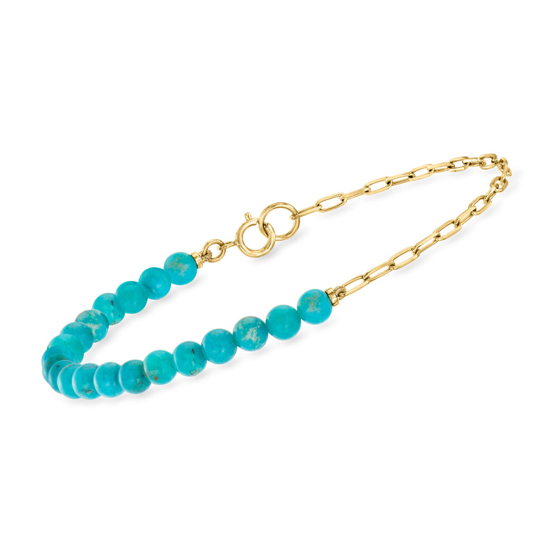 Turquoise bead and 14kt yellow gold paper clip link bracelet with round clasp