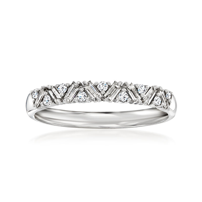 Sterling silver diamond chevron ring with baguette-cut stones and side prongs