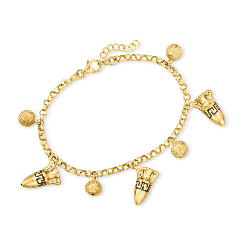 Gold-tone charm bracelet with amphora-style charms and Greek key detail