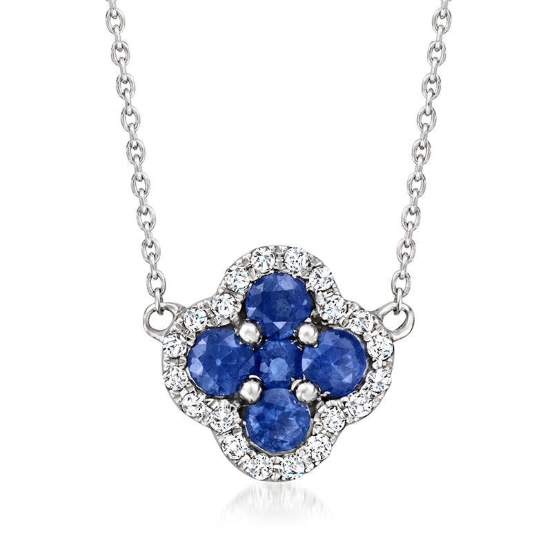 14kt white gold clover necklace with blue sapphire center and diamond halo