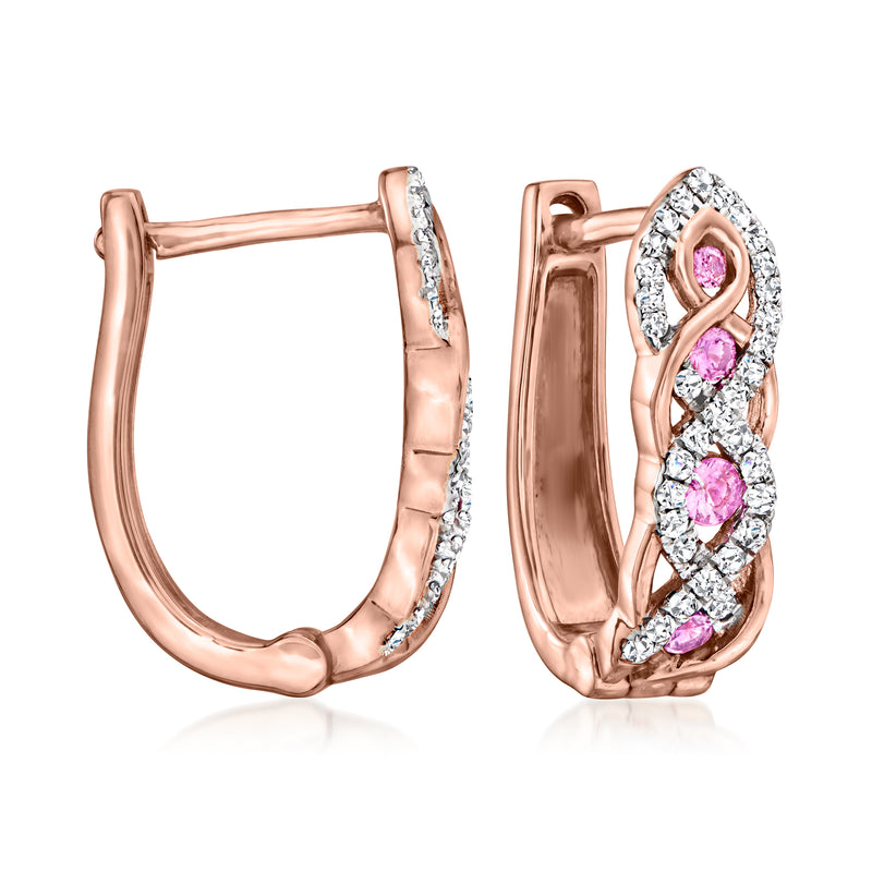 Twisted huggie hoop earrings in rose gold with pink sapphires and diamond accents