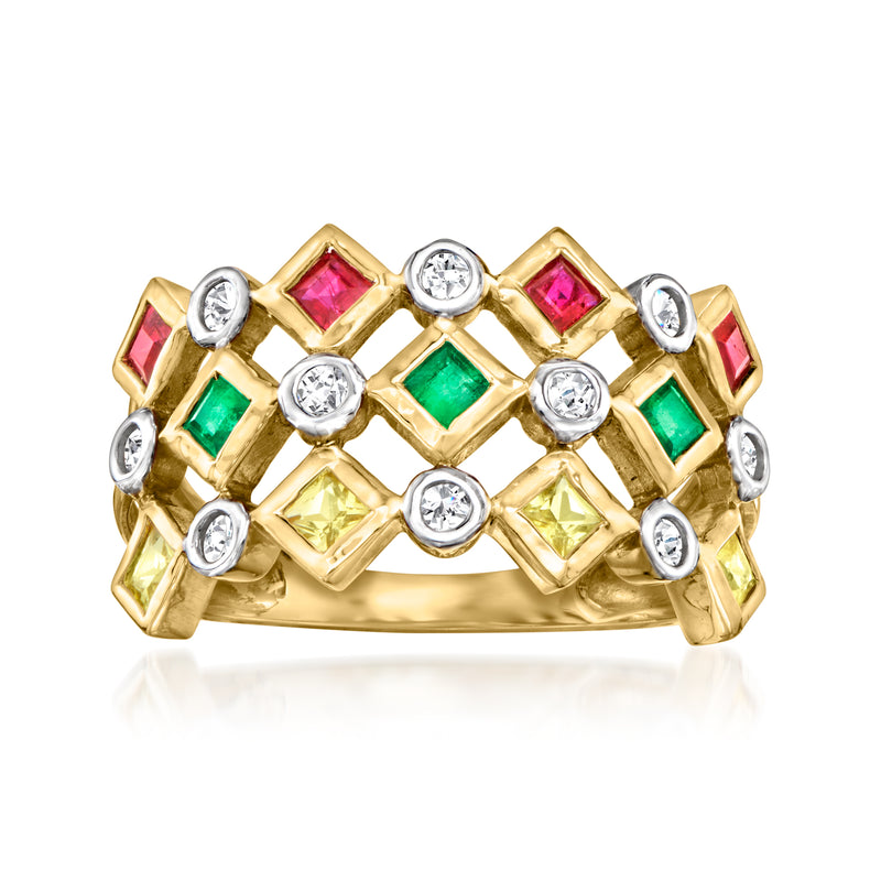 14kt yellow gold multi-gemstone ring with square colored stones and round diamonds