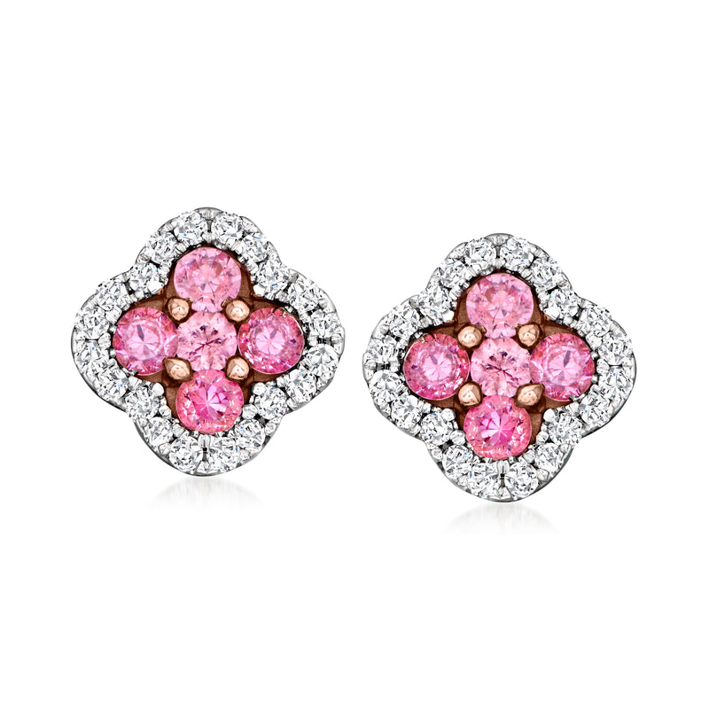 14kt rose gold clover stud earrings with pink sapphires and white diamond halo