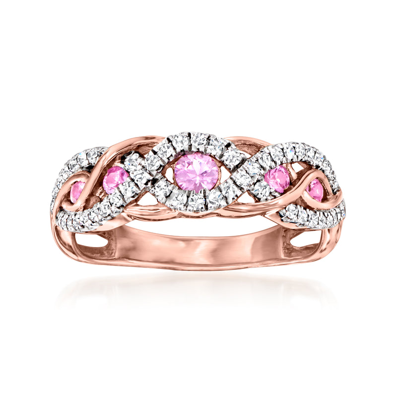 14kt rose gold twisted ring with pink sapphires and diamonds