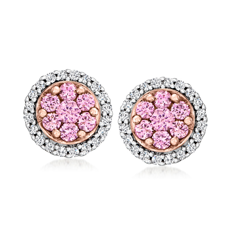 Round pink gemstone stud earrings with diamond halo, rose gold setting