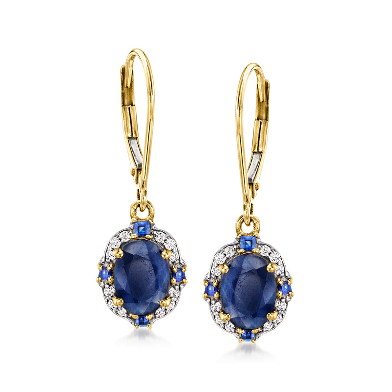 14kt yellow gold sapphire and diamond oval drop earrings with leverbacks