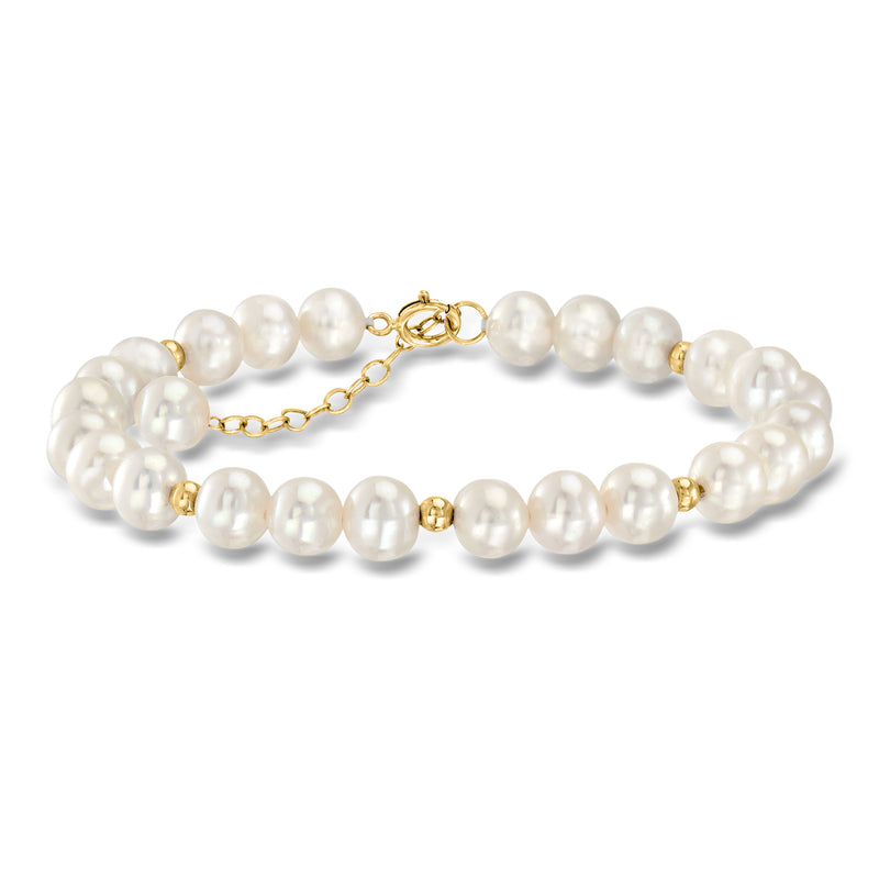 Cultured pearl bead station bracelet with 14kt yellow gold clasp and round pearls
