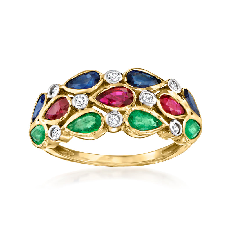 14kt yellow gold multi-gemstone ring with blue, pink, green stones and diamond accents