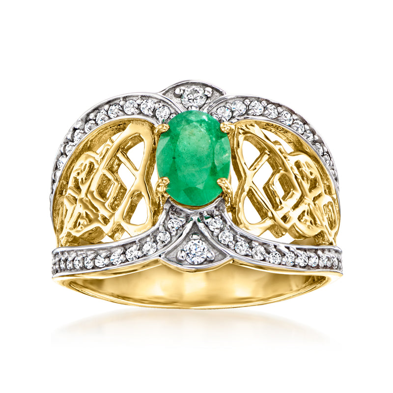 18kt gold-tone Celtic knot ring with oval emerald green stone and clear zircon accents