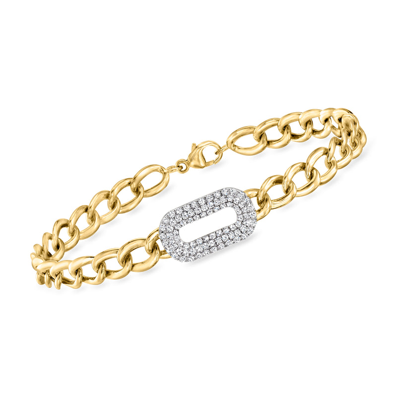 Oval-link bracelet with pavé diamond center in gold over sterling