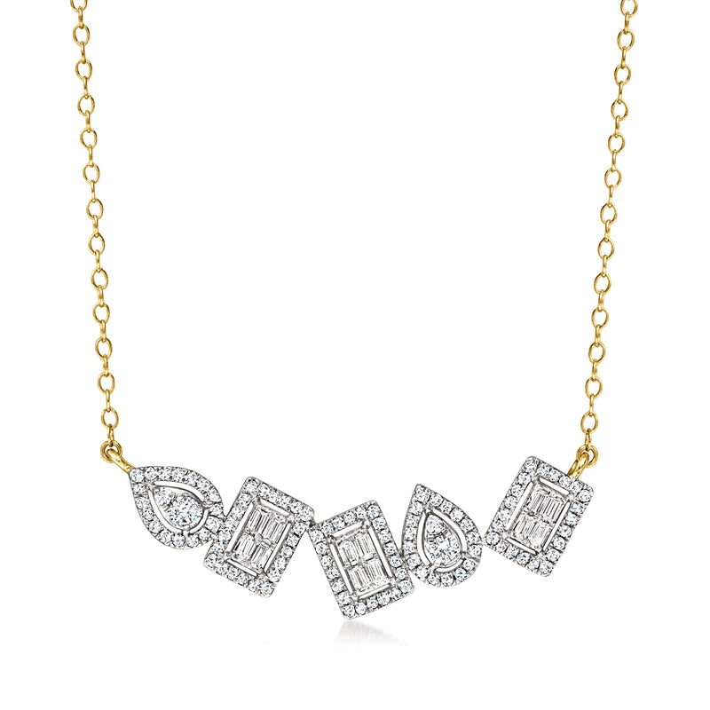 14kt yellow gold geometric diamond necklace with five faceted square and teardrop links