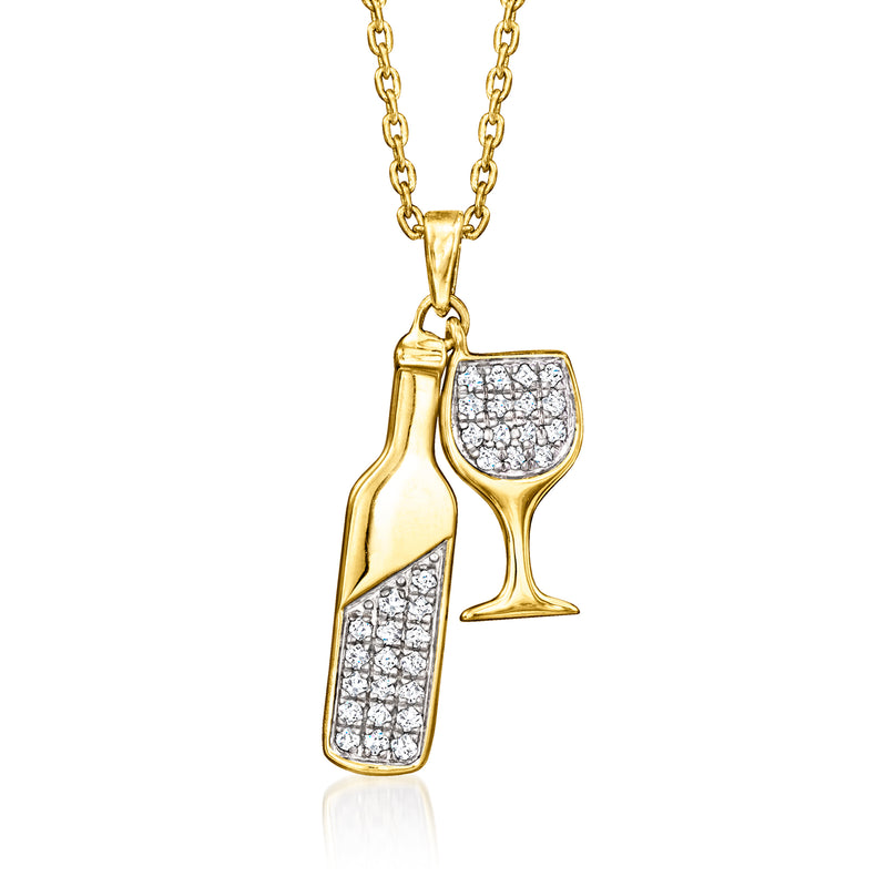 Gold-tone charm necklace with bottle and wine glass pendant, diamond-look accents