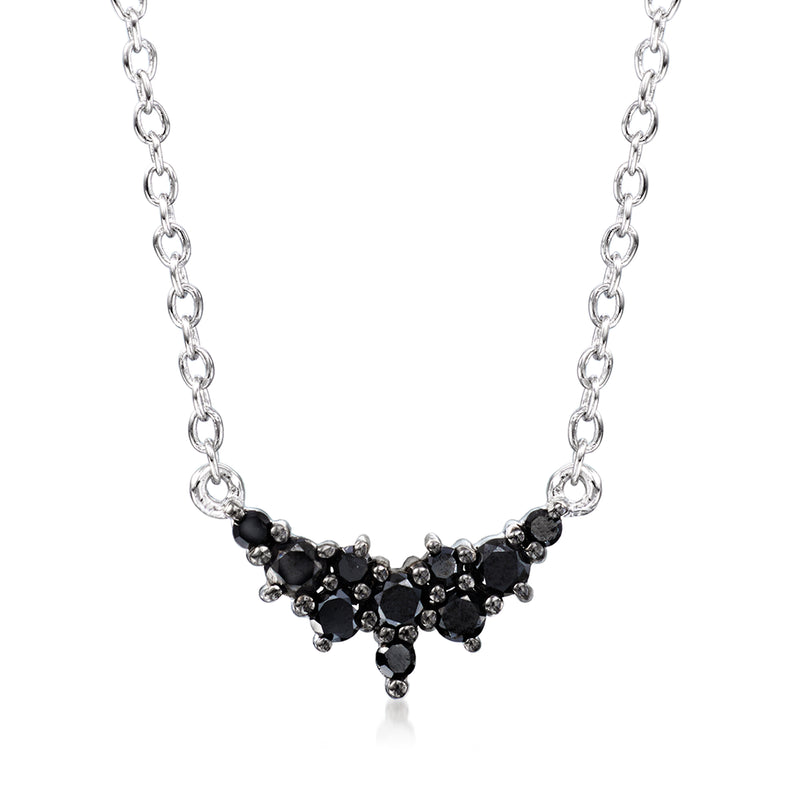 Sterling silver black diamond cluster necklace, V-shaped black stone centerpiece