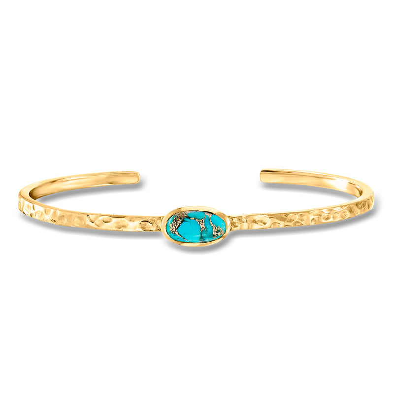 Turquoise oval cabochon cuff bracelet, hammered gold-tone bangle