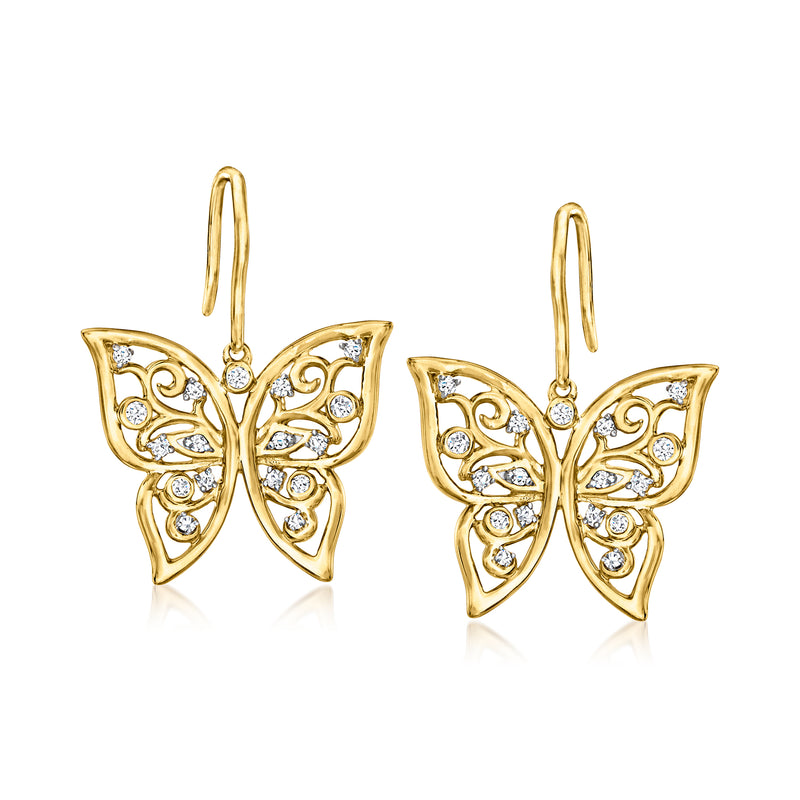 18kt gold over sterling butterfly drop earrings with openwork filigree and diamond accents