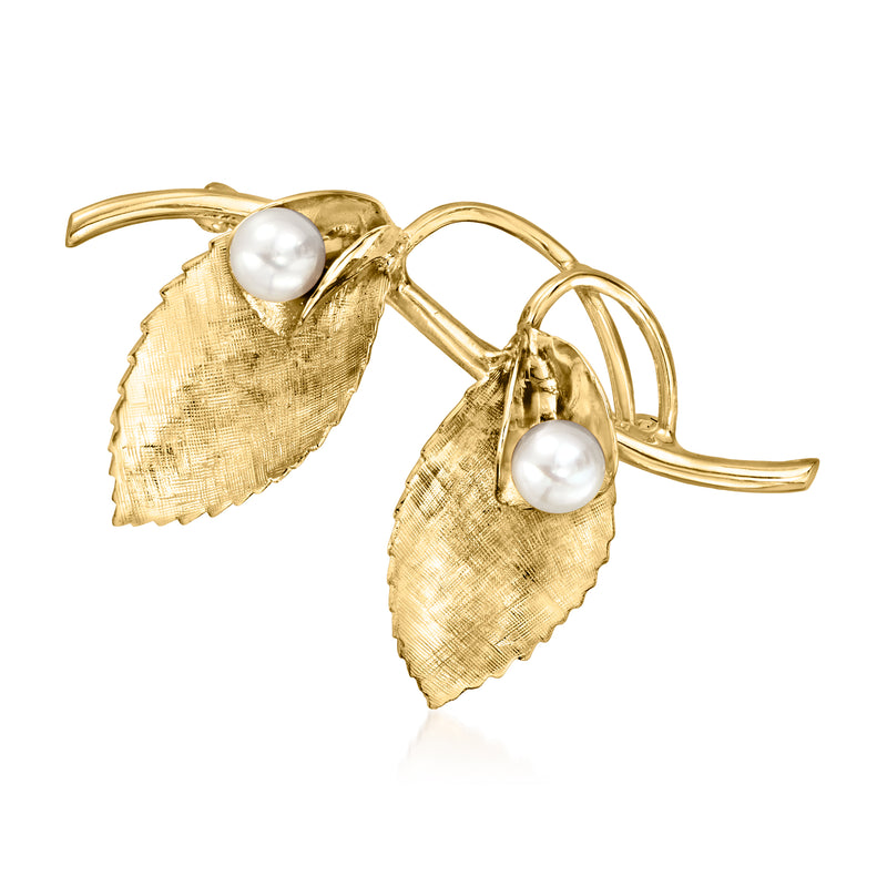 Vintage 14kt yellow gold leaf pin with two cultured white pearls