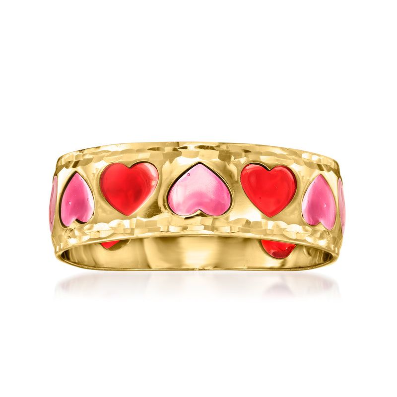 Yellow gold heart enamel ring with red and pink hearts around the band