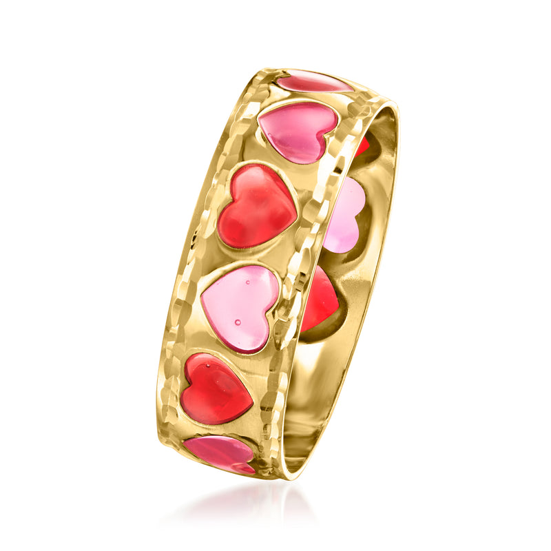 14kt yellow gold heart enamel ring, side view with red and pink heart inlays