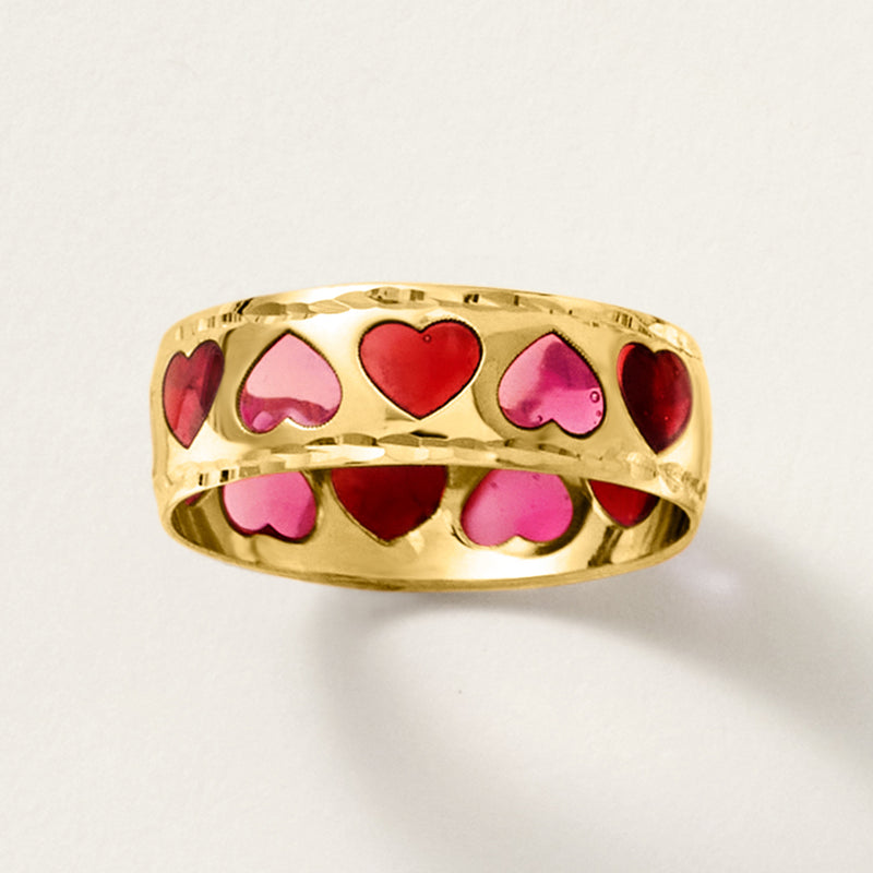 Yellow gold band ring with alternating red and pink heart enamel motifs