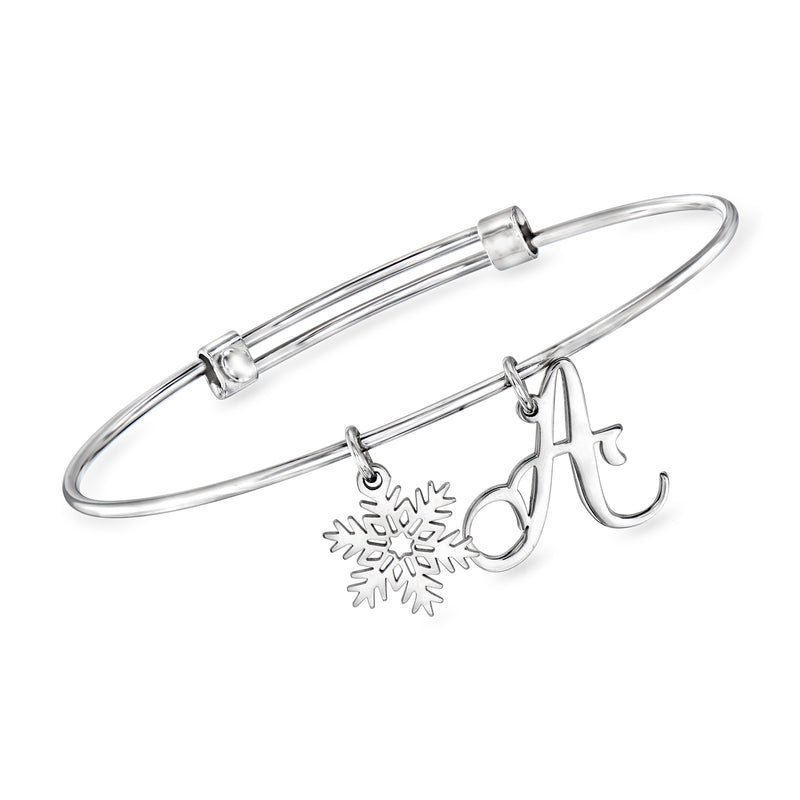 Sterling silver bangle bracelet with single-initial letter charm and snowflake charm