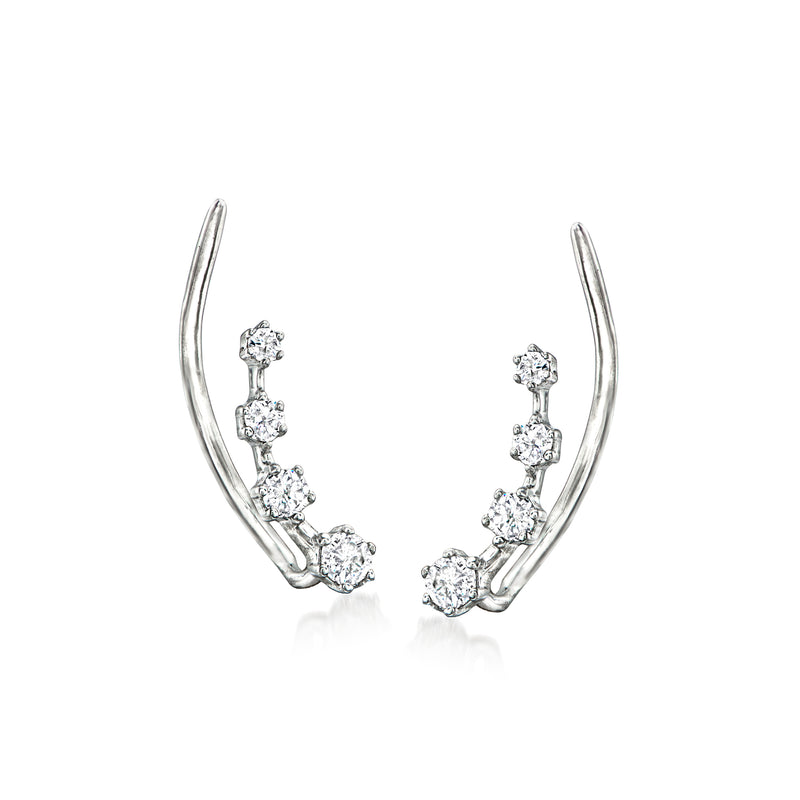 Sterling silver ear climber earrings with round-cut diamonds in a curved setting