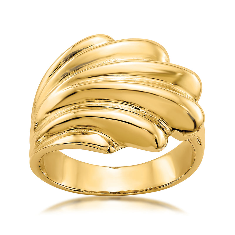 14kt yellow gold wave ring with smooth curved ridges and polished finish