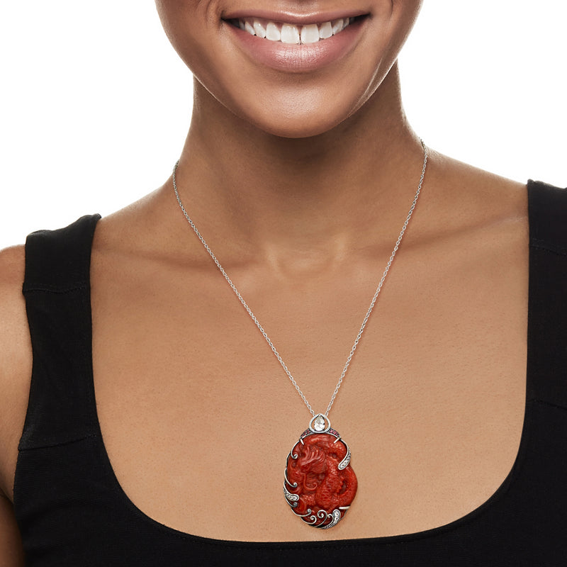 Dragon gemstone pendant necklace on a silver chain, red oval pendant with white stones