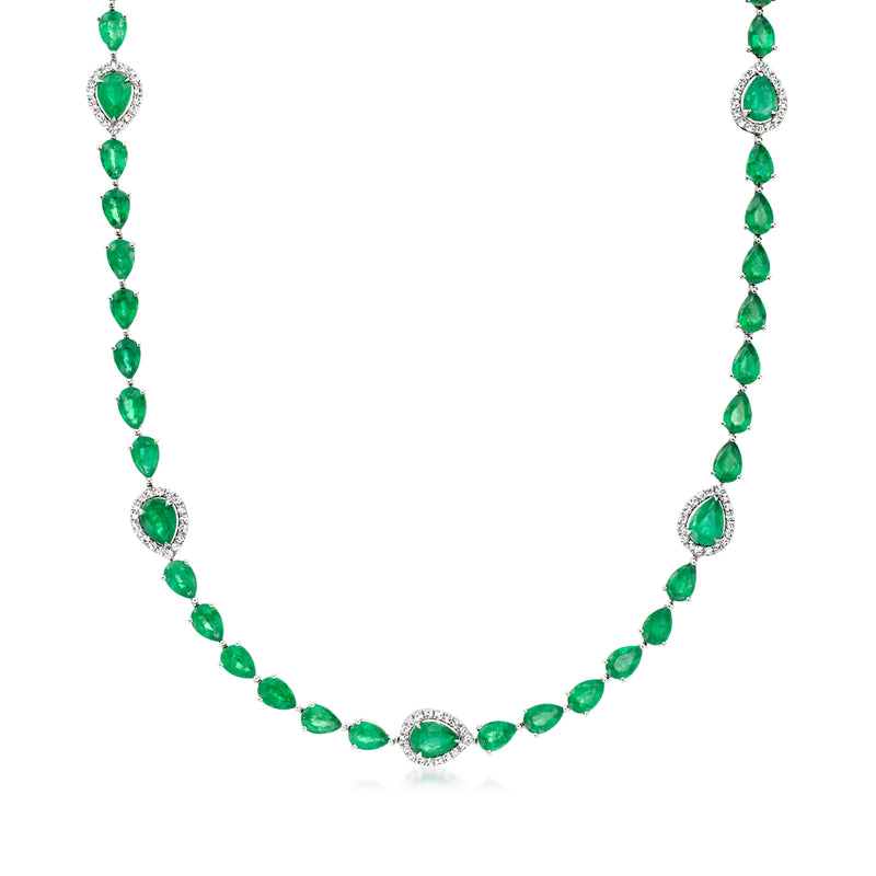 Emerald and diamond tennis necklace in 18kt white gold with oval emerald drops