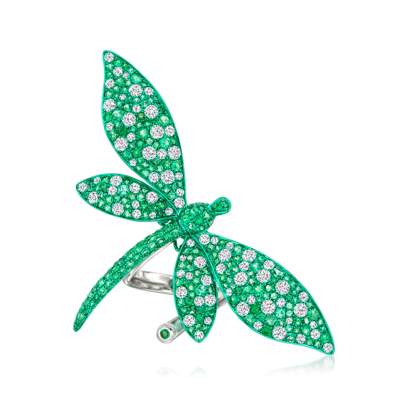 Green gemstone dragonfly pin with white diamond accents on 18kt white gold