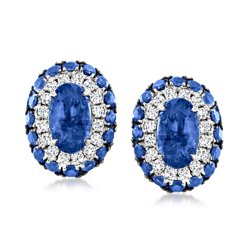 Sapphire and diamond oval stud earrings in 18kt white gold, blue halo detail