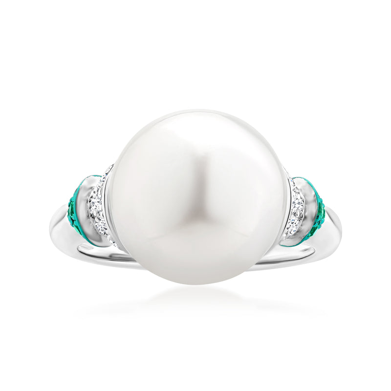 18kt white gold ring with large white South Sea cultured pearl, diamond accents, emerald side stones