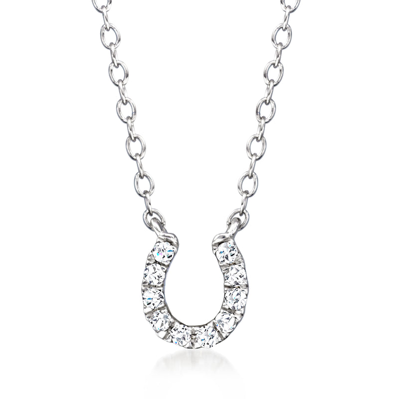Sterling silver horseshoe diamond pendant necklace with U-shaped pave stones, chain links