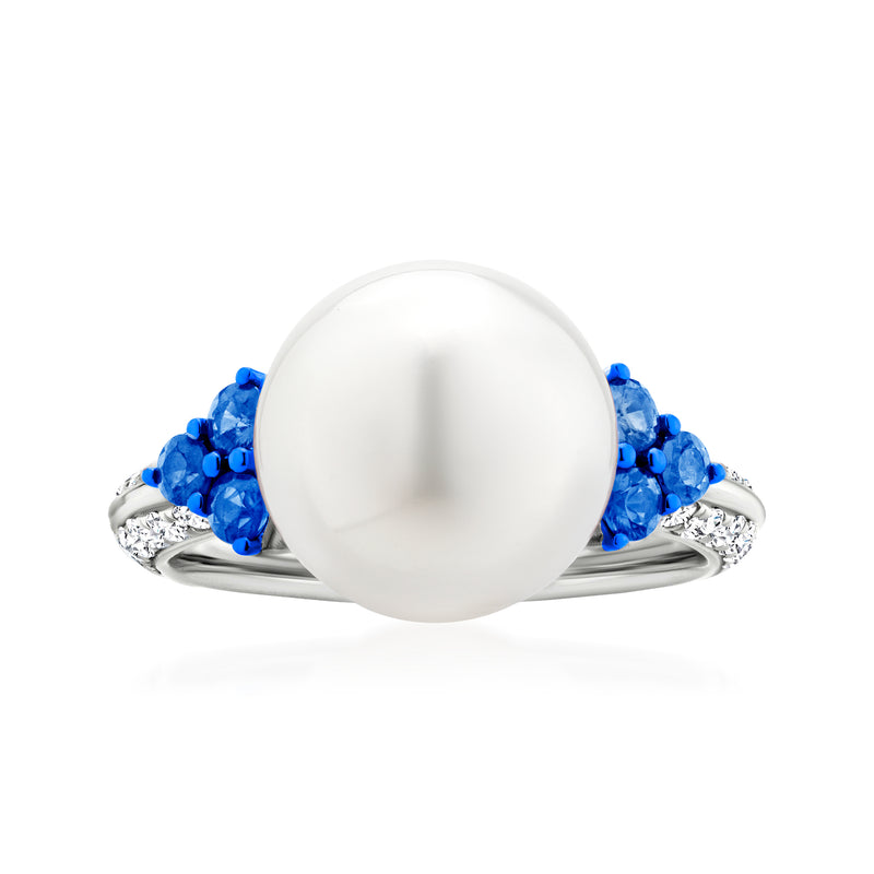 Cultured South Sea pearl ring with blue sapphires and diamond accents in white gold