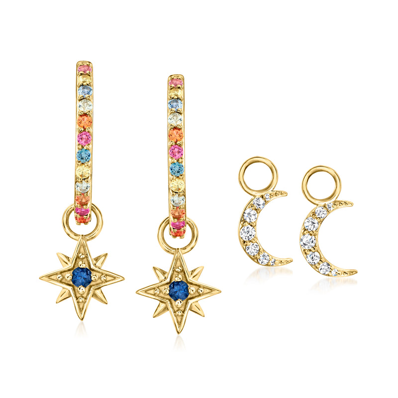 Multicolored gemstone hoop drop earrings with gold star charms and blue centers