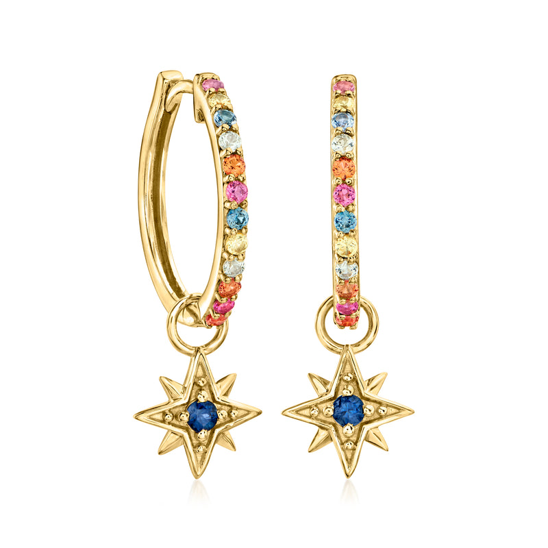 Gold hoop drop earrings with multicolor gemstone band and gold star dangles