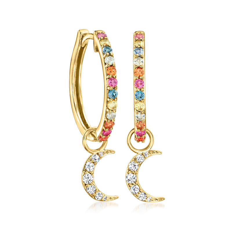 Gold hoop drop earrings with multicolor gemstone band and moon dangle with clear stones