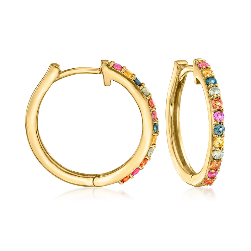 Gold hoop drop earrings with multicolored sapphire and white zircon accents