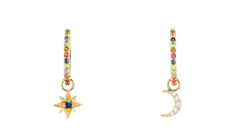 Gold hoop drop earrings with multicolor gemstone band, star left and moon right