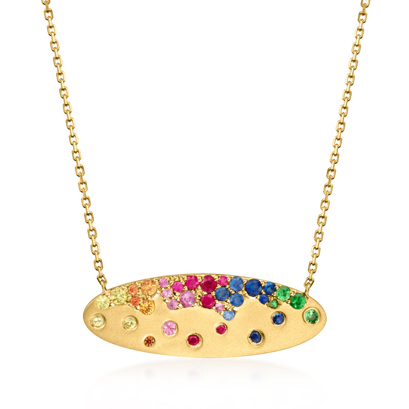 14kt yellow gold necklace with oval pendant and scattered multi-gemstones, link chain