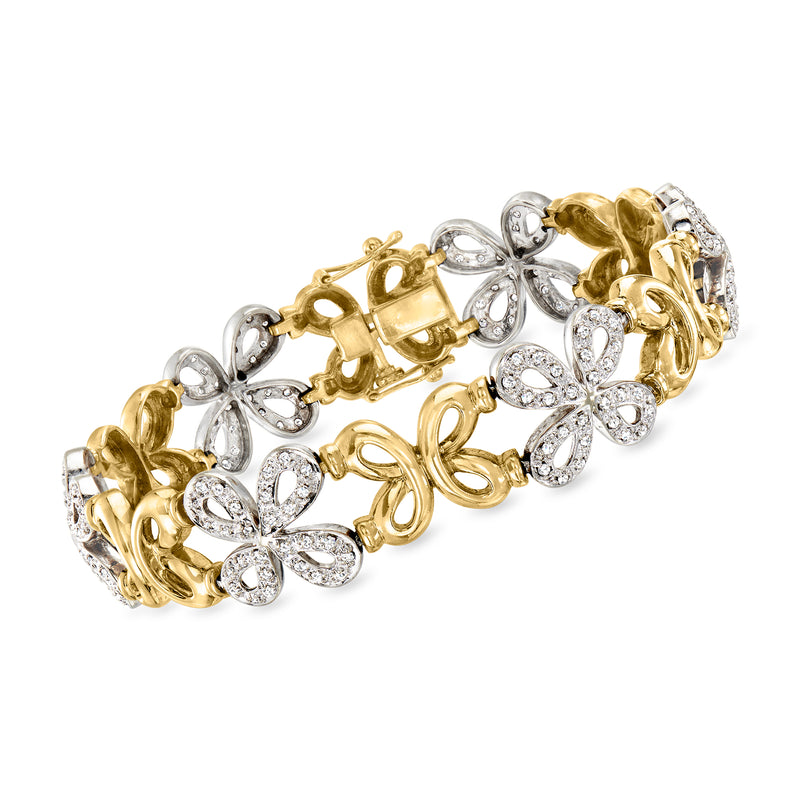 Two-tone gold diamond flower bracelet with linked floral clusters, hinged clasp