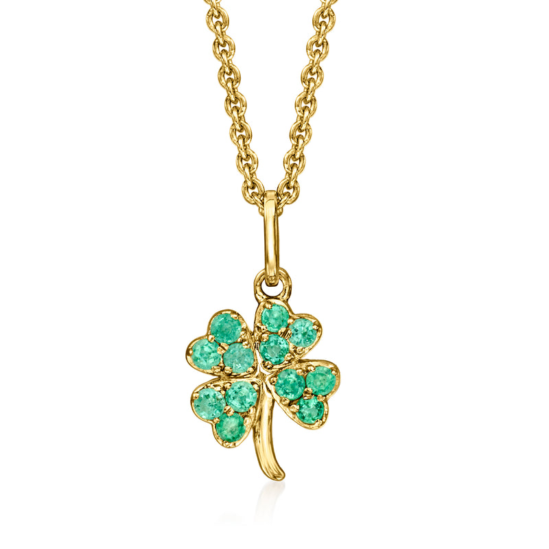 Gold four-leaf clover pendant necklace with teal gemstone leaves on a link chain