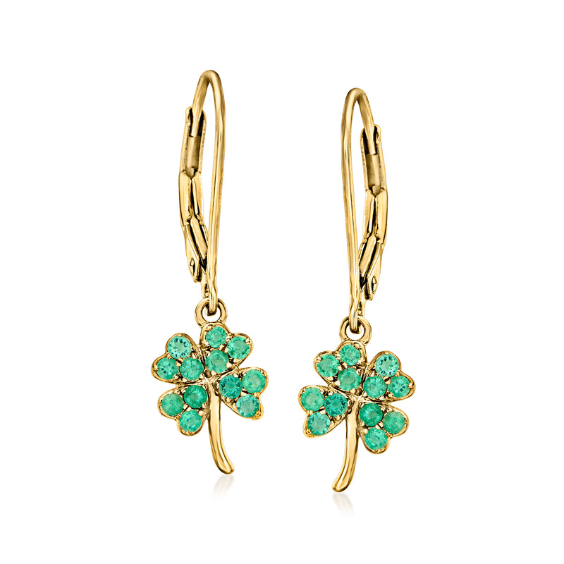 Four-leaf clover drop earrings with emerald-green stones, leverback, gold-tone