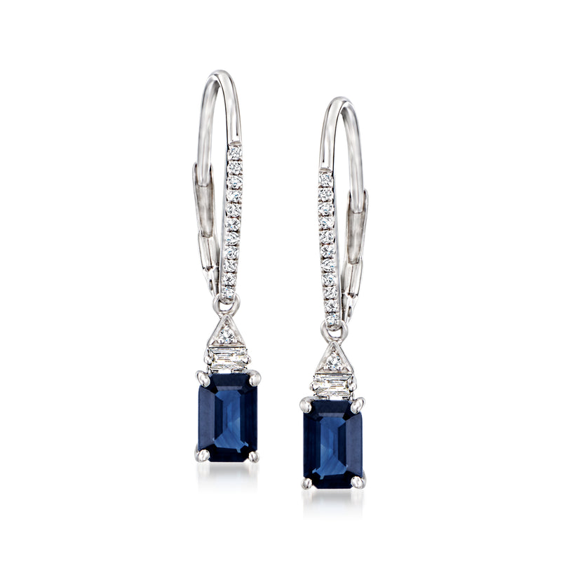 14kt white gold leverback drop earrings with dark blue sapphire and small diamond accents
