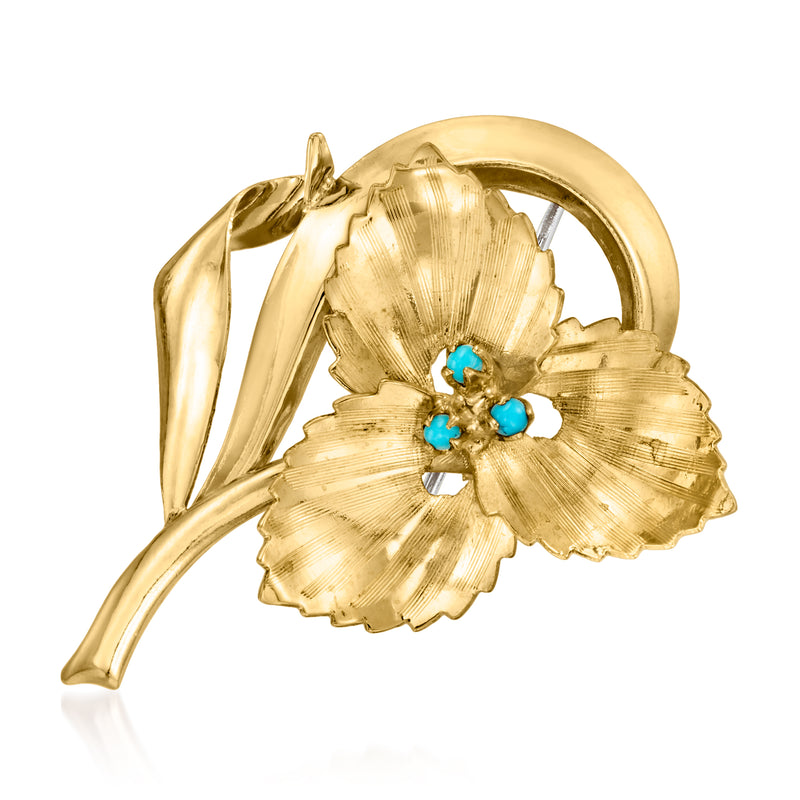 18kt yellow gold flower pin with turquoise stone centers