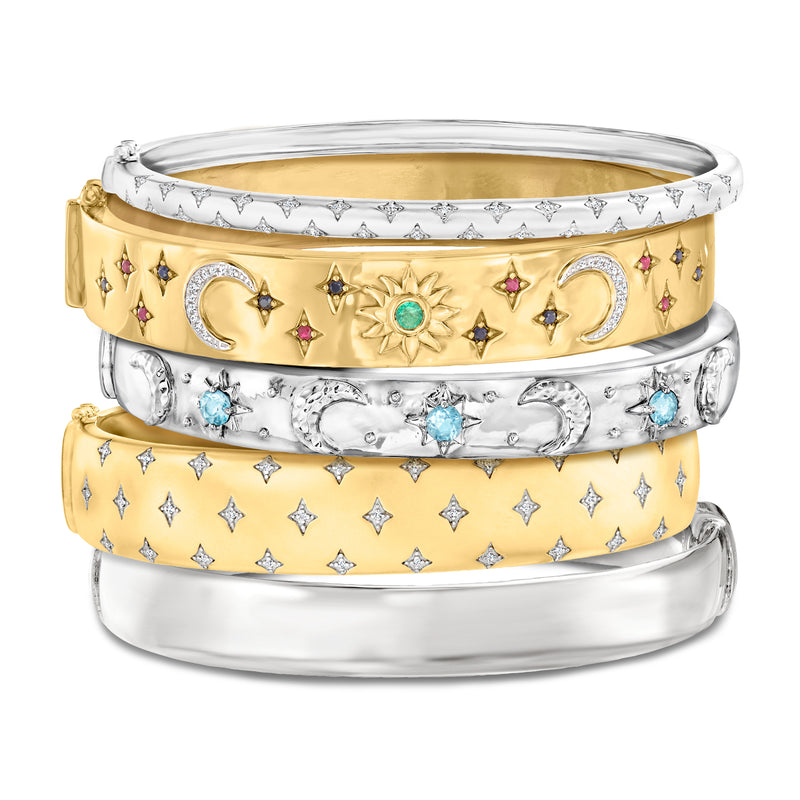 Two-tone sterling silver bangle stack of five with star motifs and turquoise stones