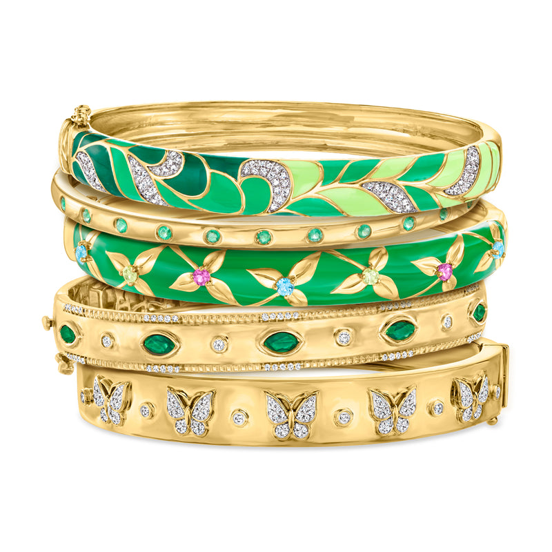 Gold over sterling bangle stack of five with green enamel, leaf motifs, and crystals