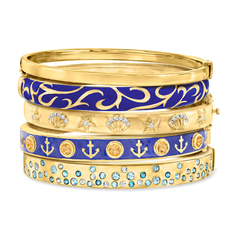 18kt gold over sterling bangle stack with blue enamel and rhinestone accents